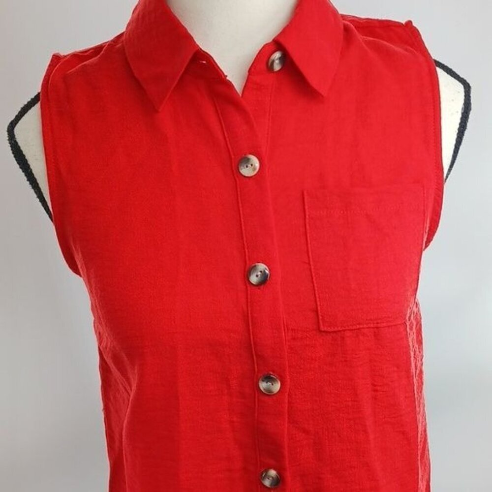 Monteau Womens Button Front Sleeveless Blouse Red Collared Size S - Picture 2 of 6